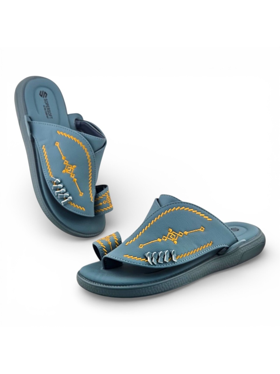 Men Blue Arabic Sandals with Gold Embroidery