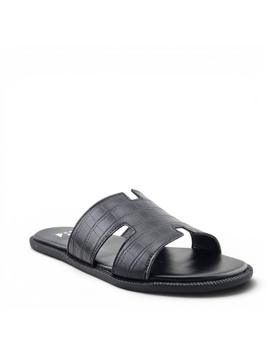 Men Black Croc-Embossed Slide Sandals