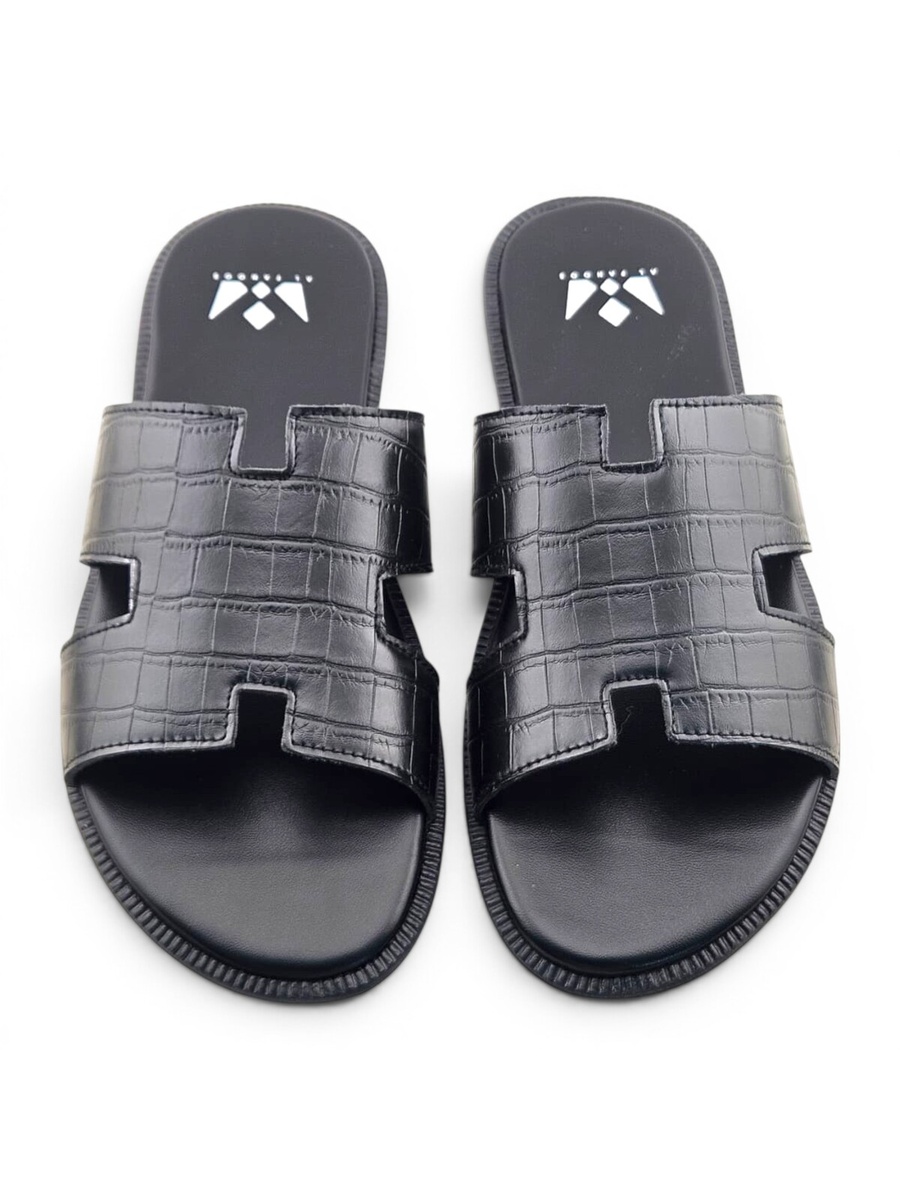 Men Black Croc-Embossed Slide Sandals