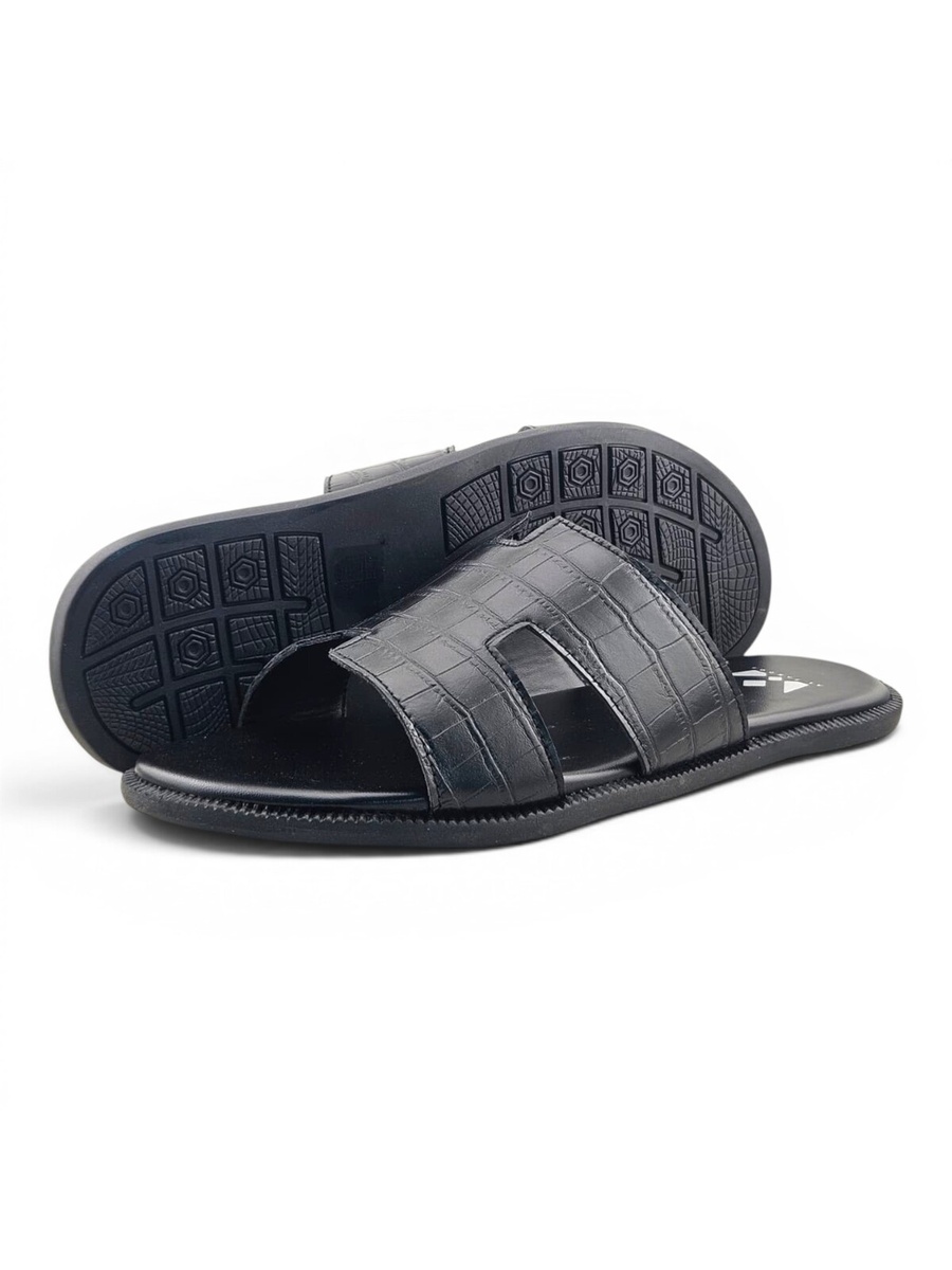 Men Black Croc-Embossed Slide Sandals