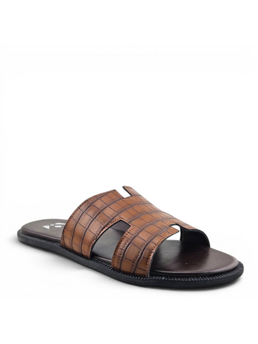 Men Brown Croc-Embossed Slide Sandals