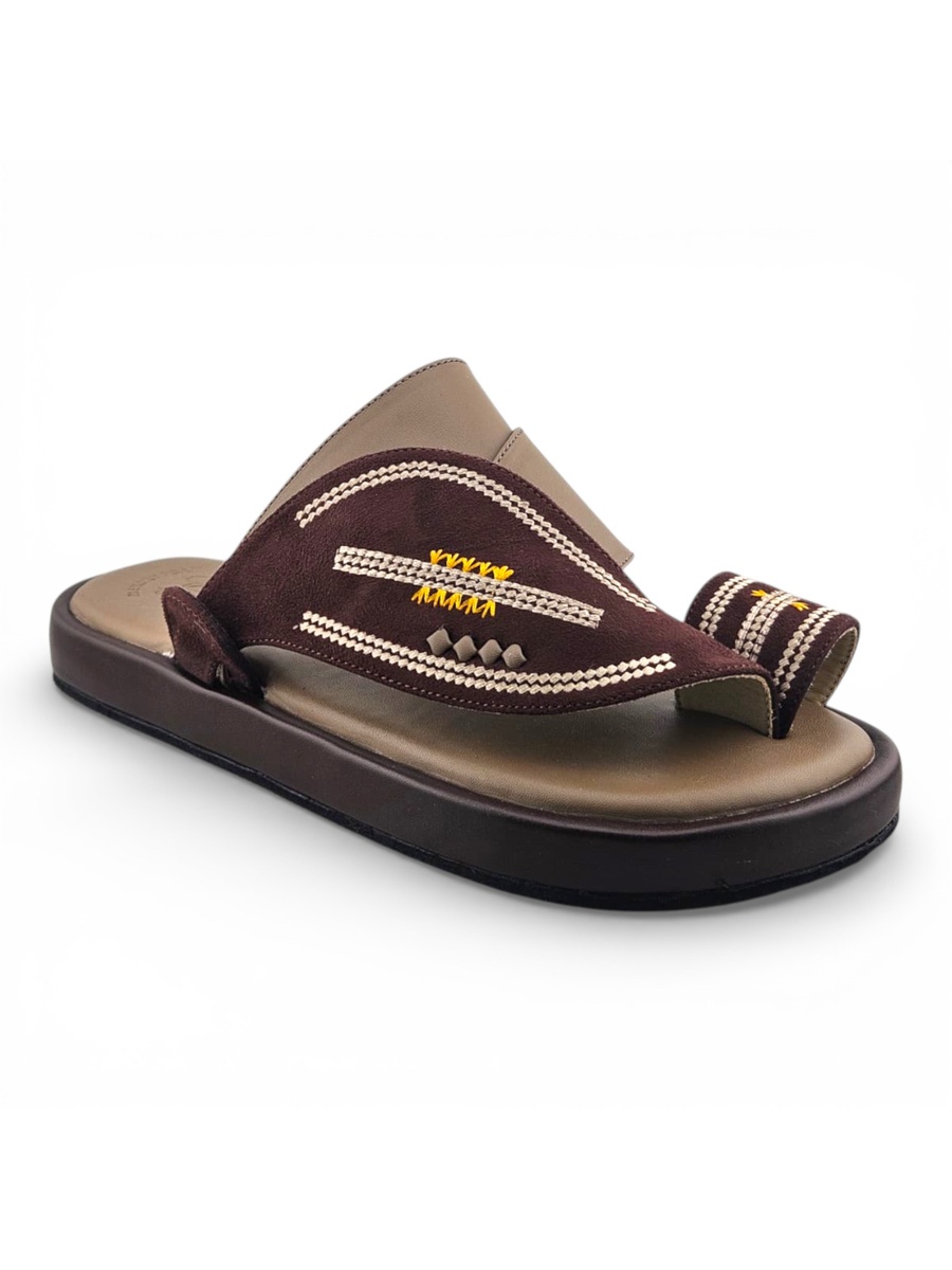 Men Brown Embroidered Leather Sandals