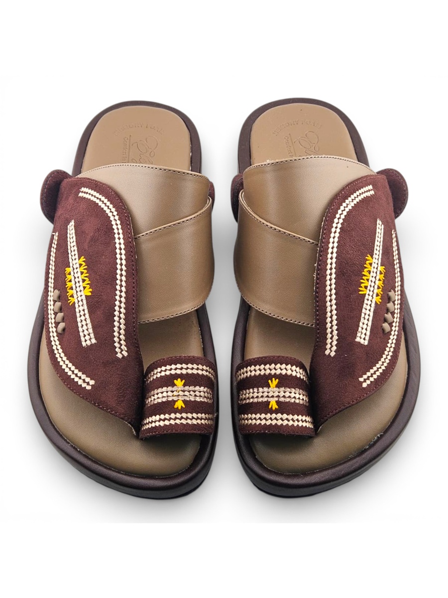 Men Brown Embroidered Leather Sandals