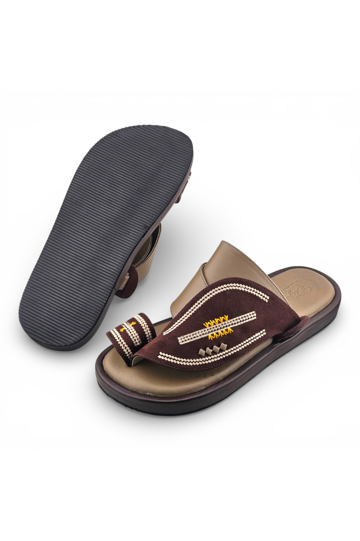 Men Brown Embroidered Leather Sandals