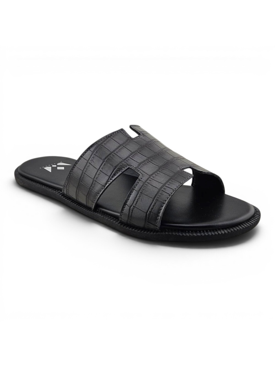 Men Grey Croc-Embossed Comfort Slides