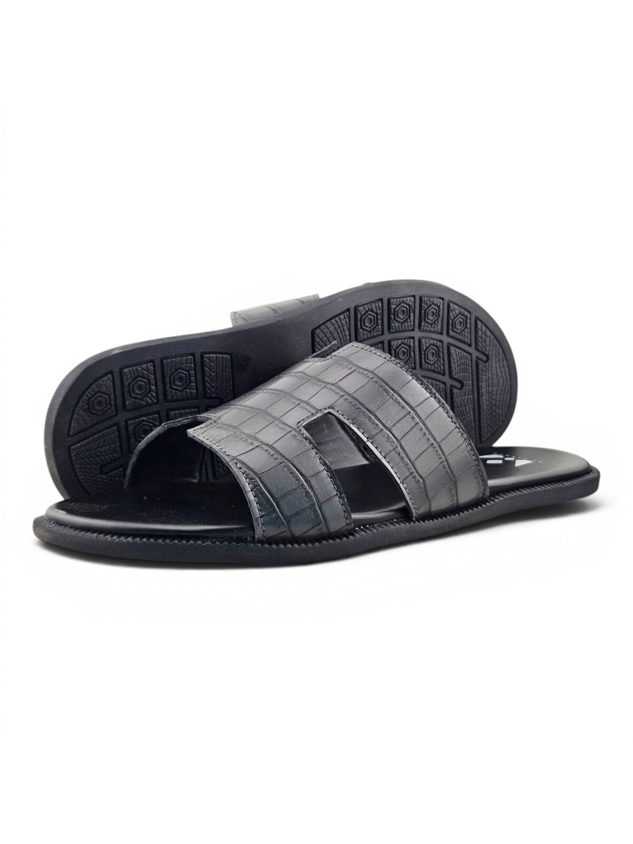 Men Grey Croc-Embossed Comfort Slides