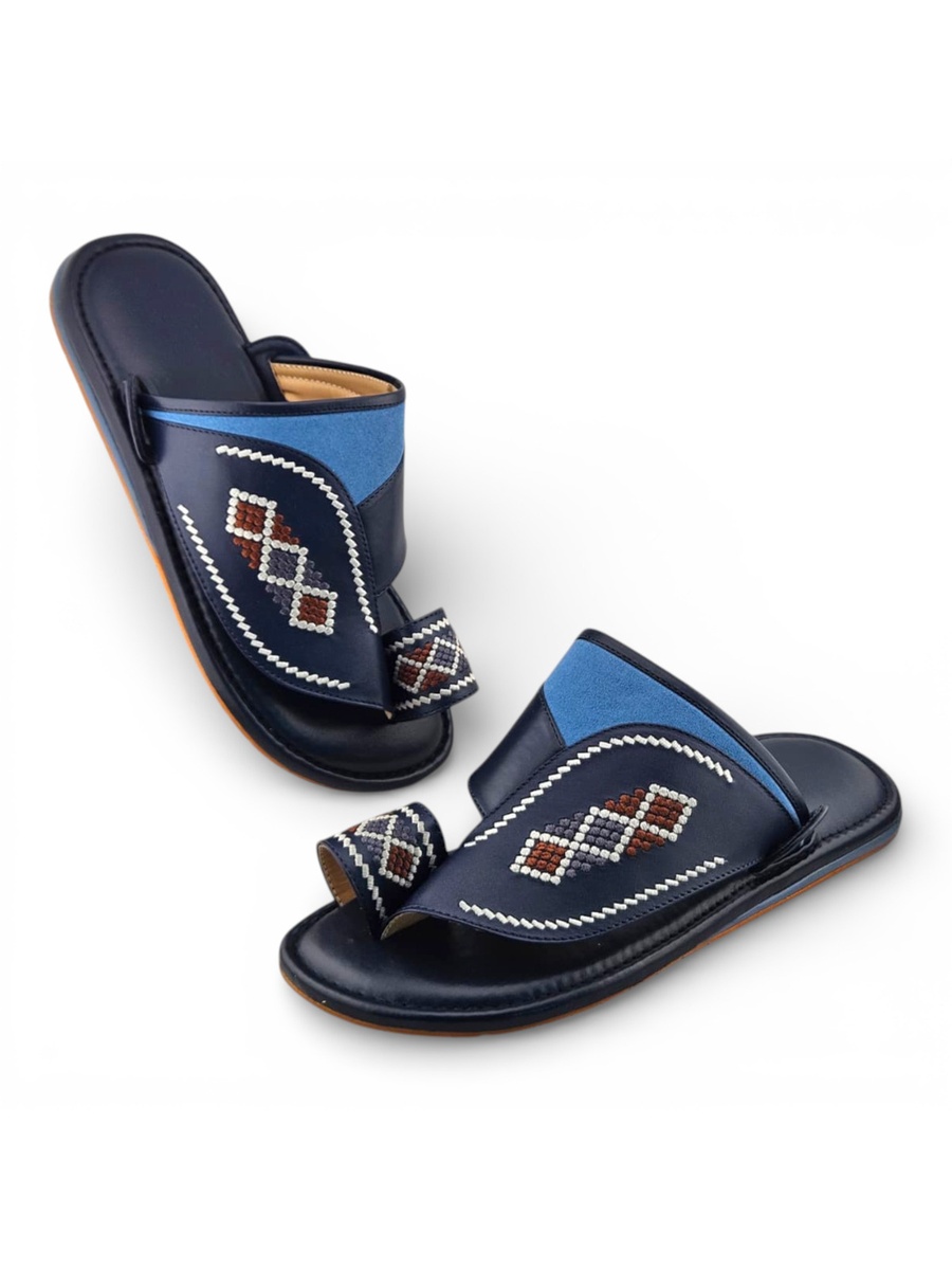 Men Navy Blue Arabic Sandals with Embroidered Design