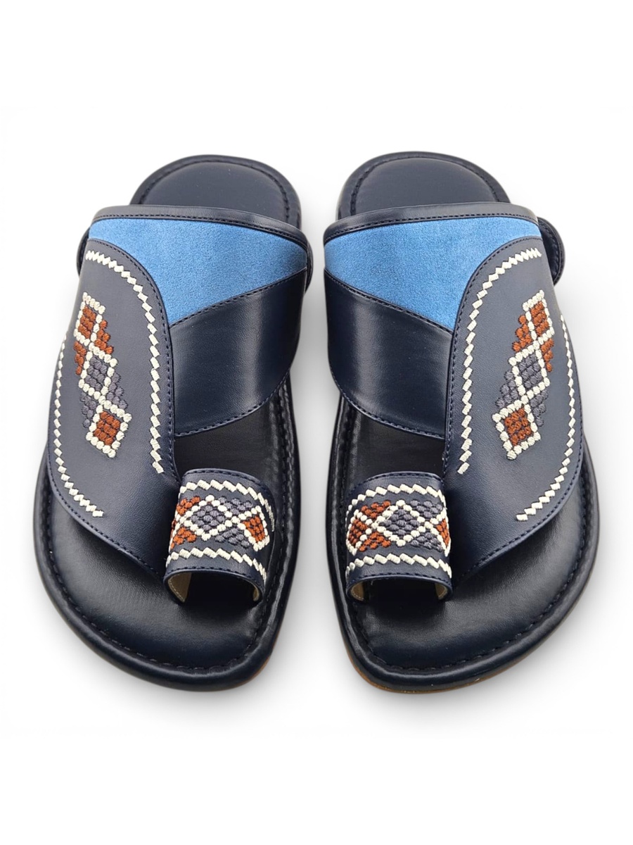 Men Navy Blue Arabic Sandals with Embroidered Design