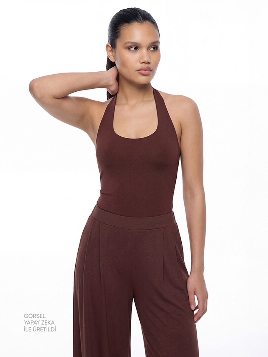 Brown Easy-Care Casual Halter Top