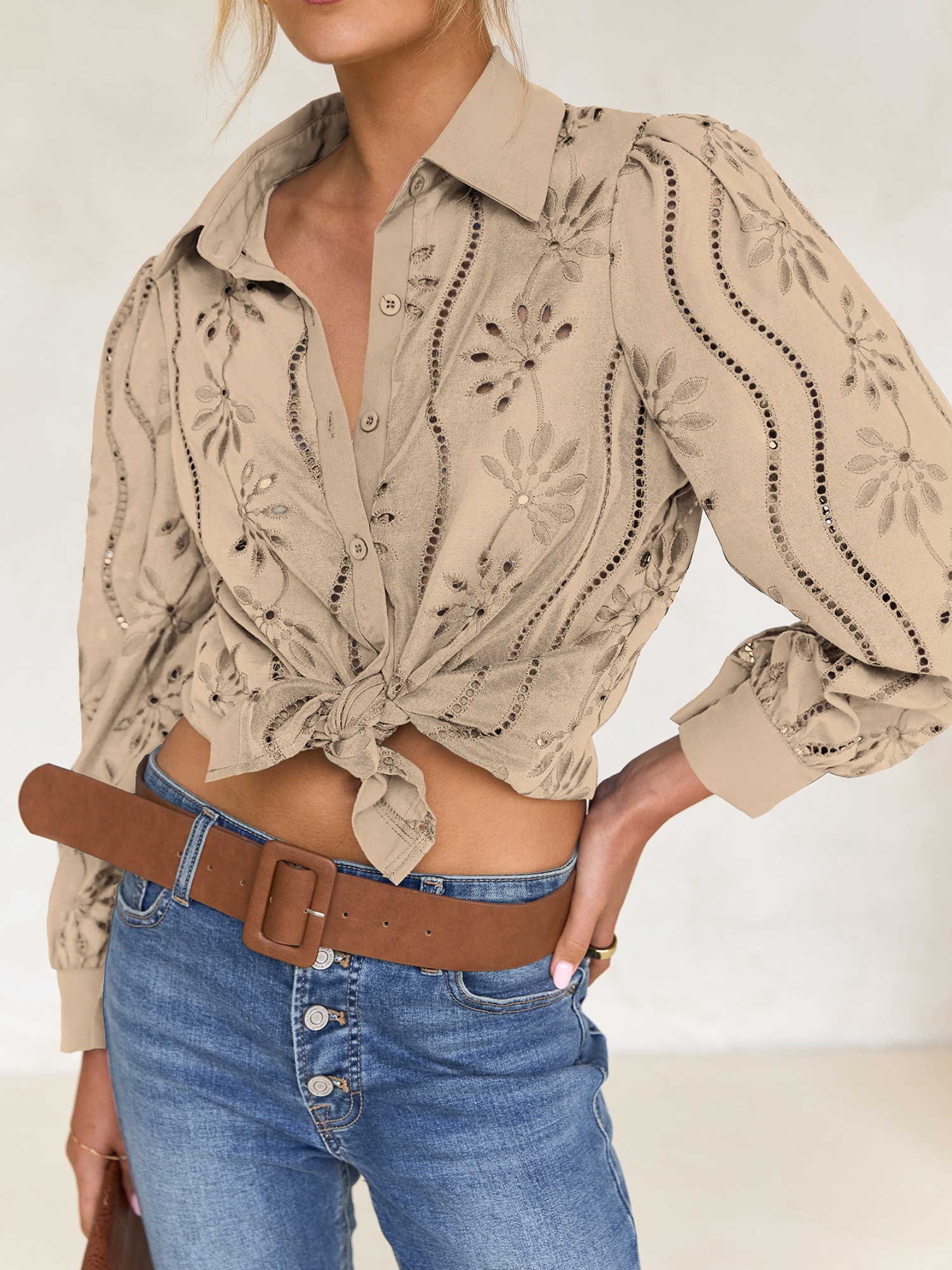 Beige Embroidered Long Sleeve Shirt