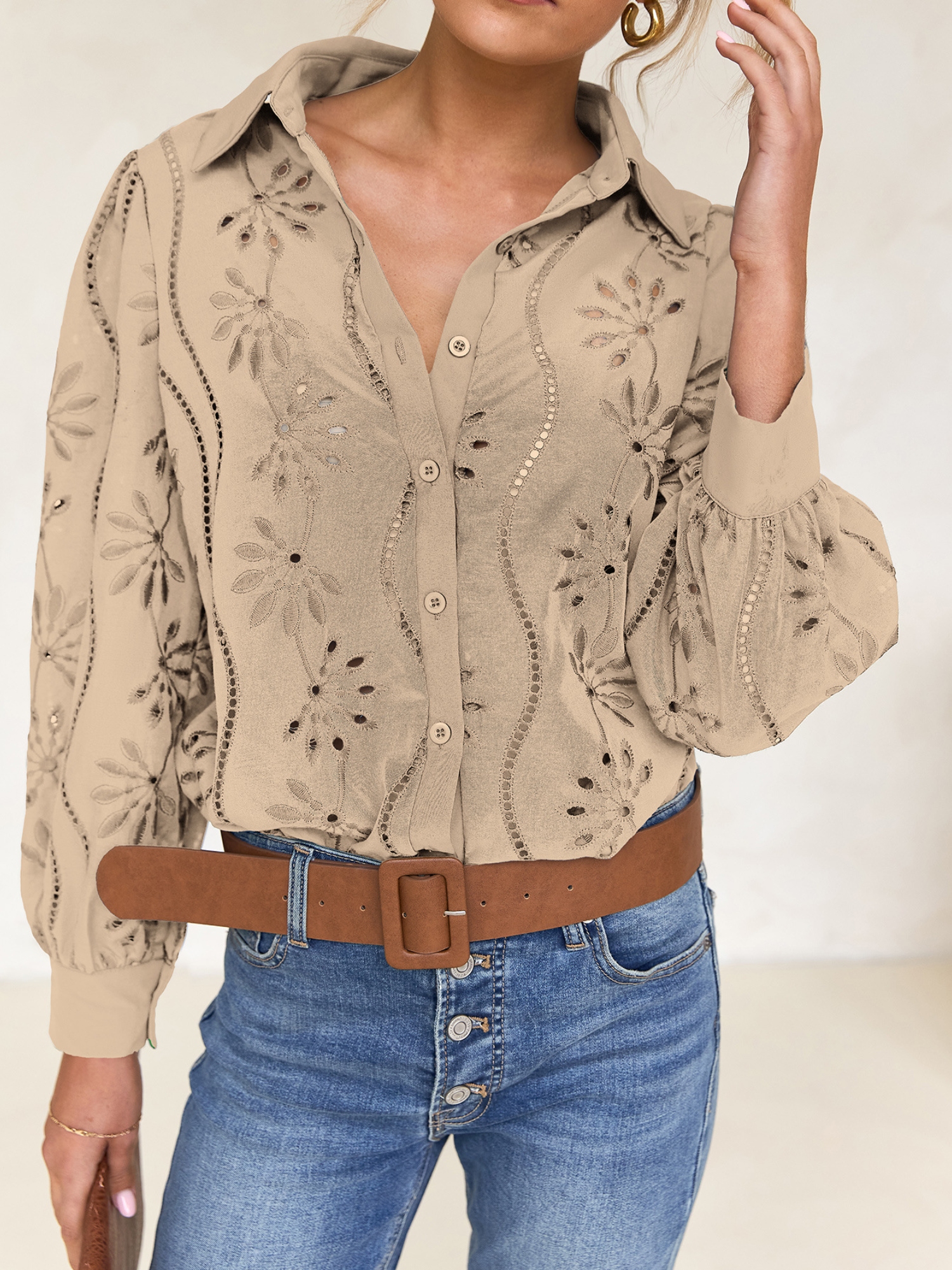 Beige Embroidered Long Sleeve Shirt