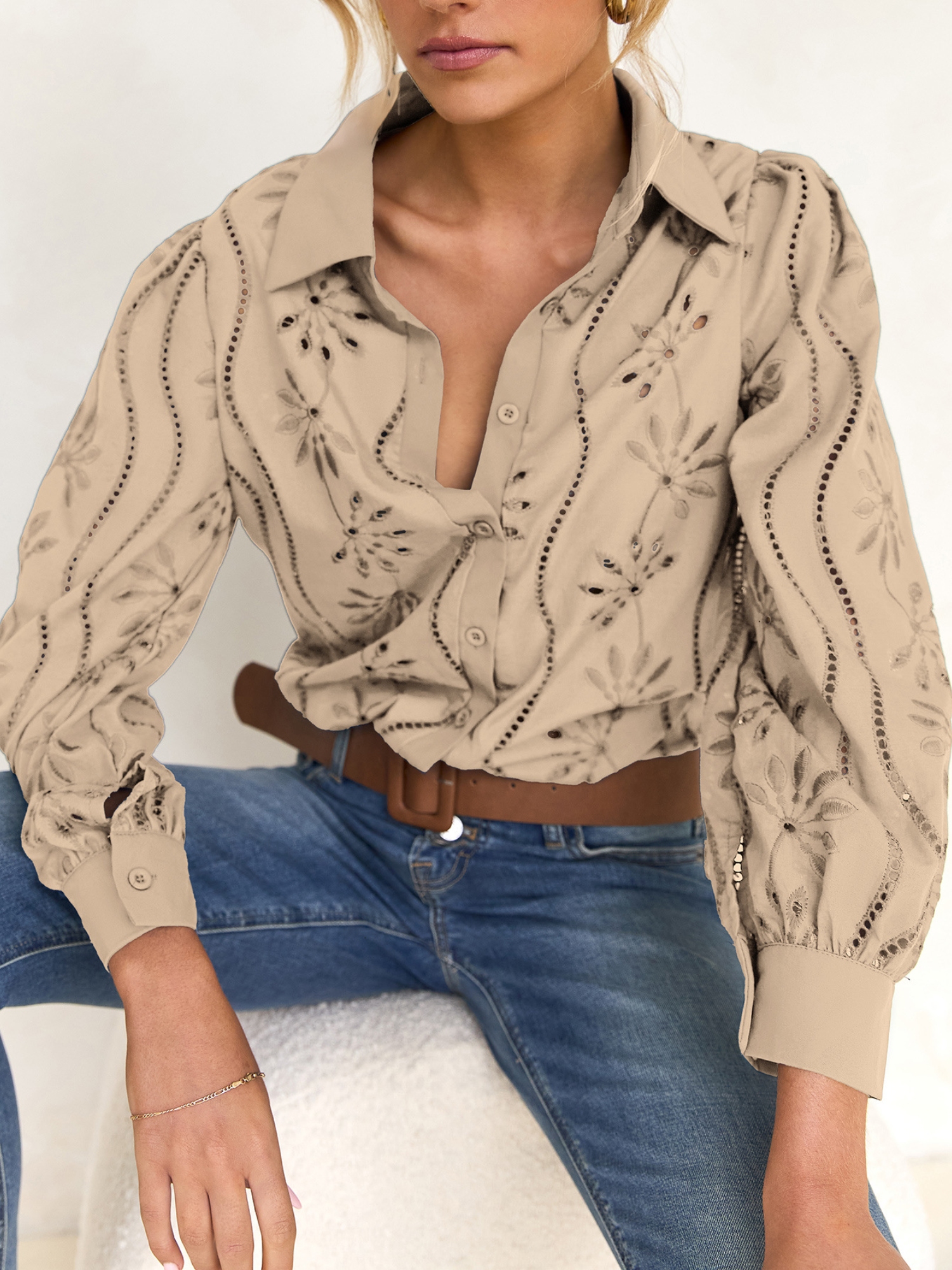 Beige Embroidered Long Sleeve Shirt