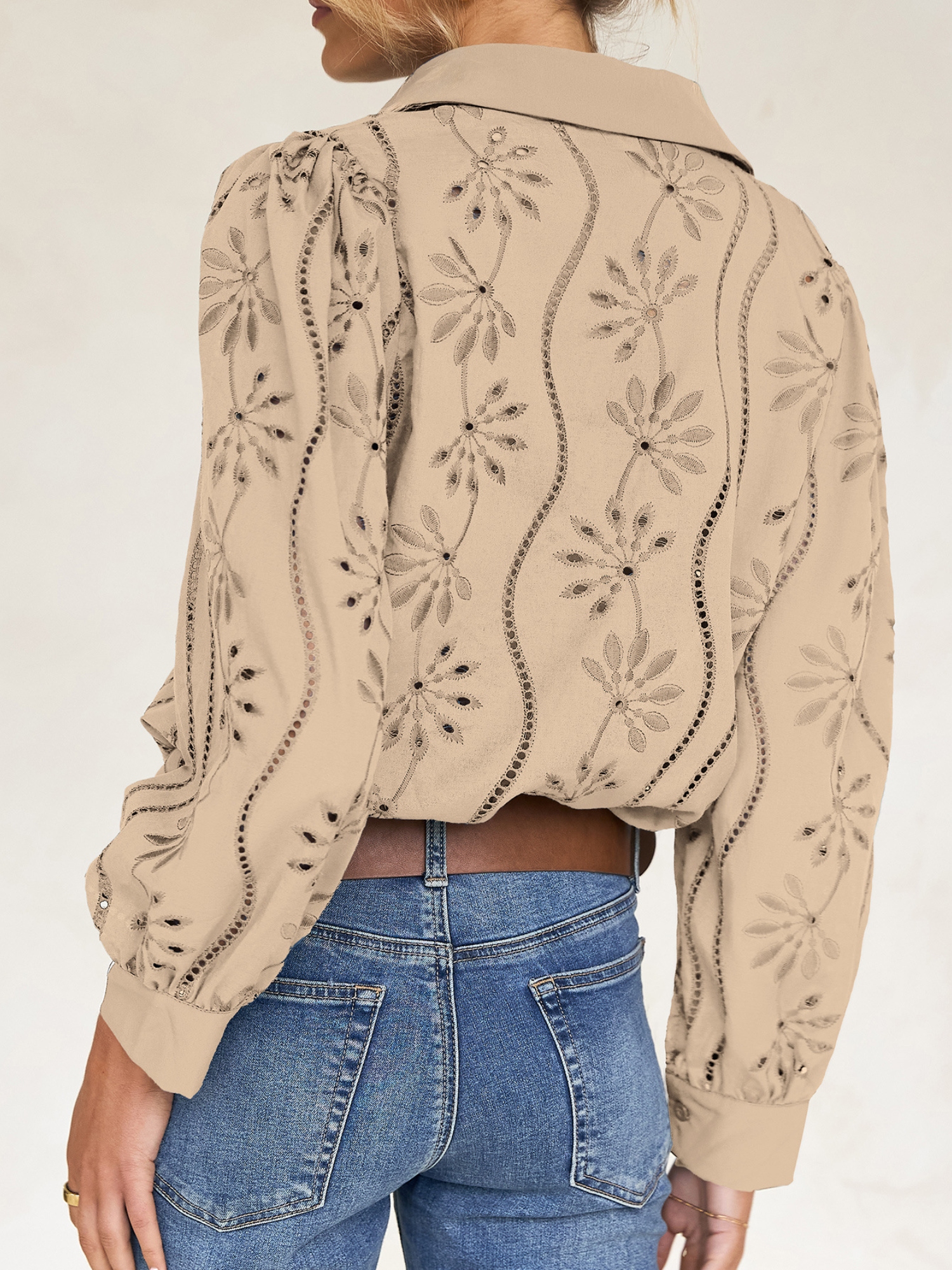 Beige Embroidered Long Sleeve Shirt