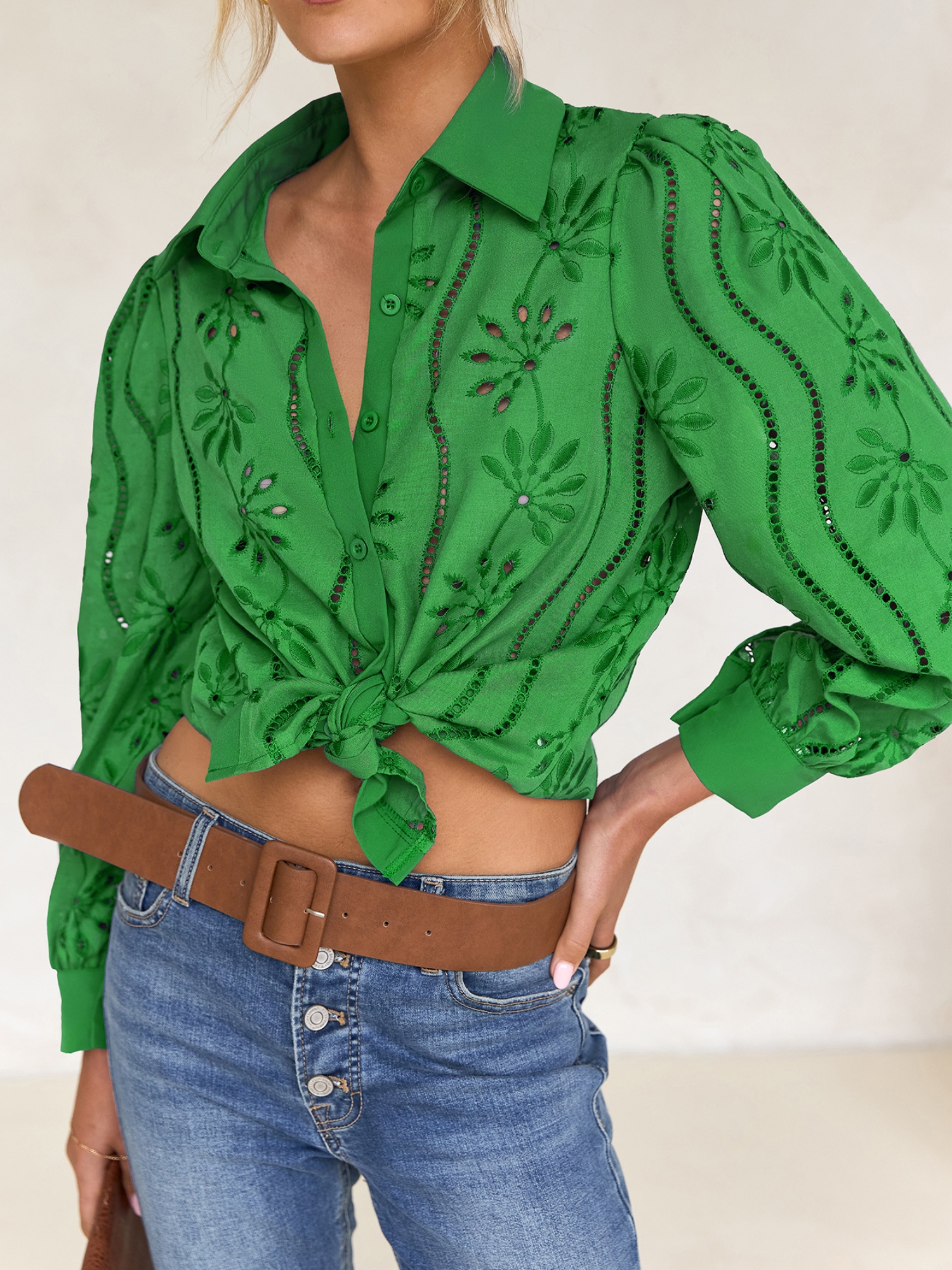 Green Embroidered Long Sleeve Shirt