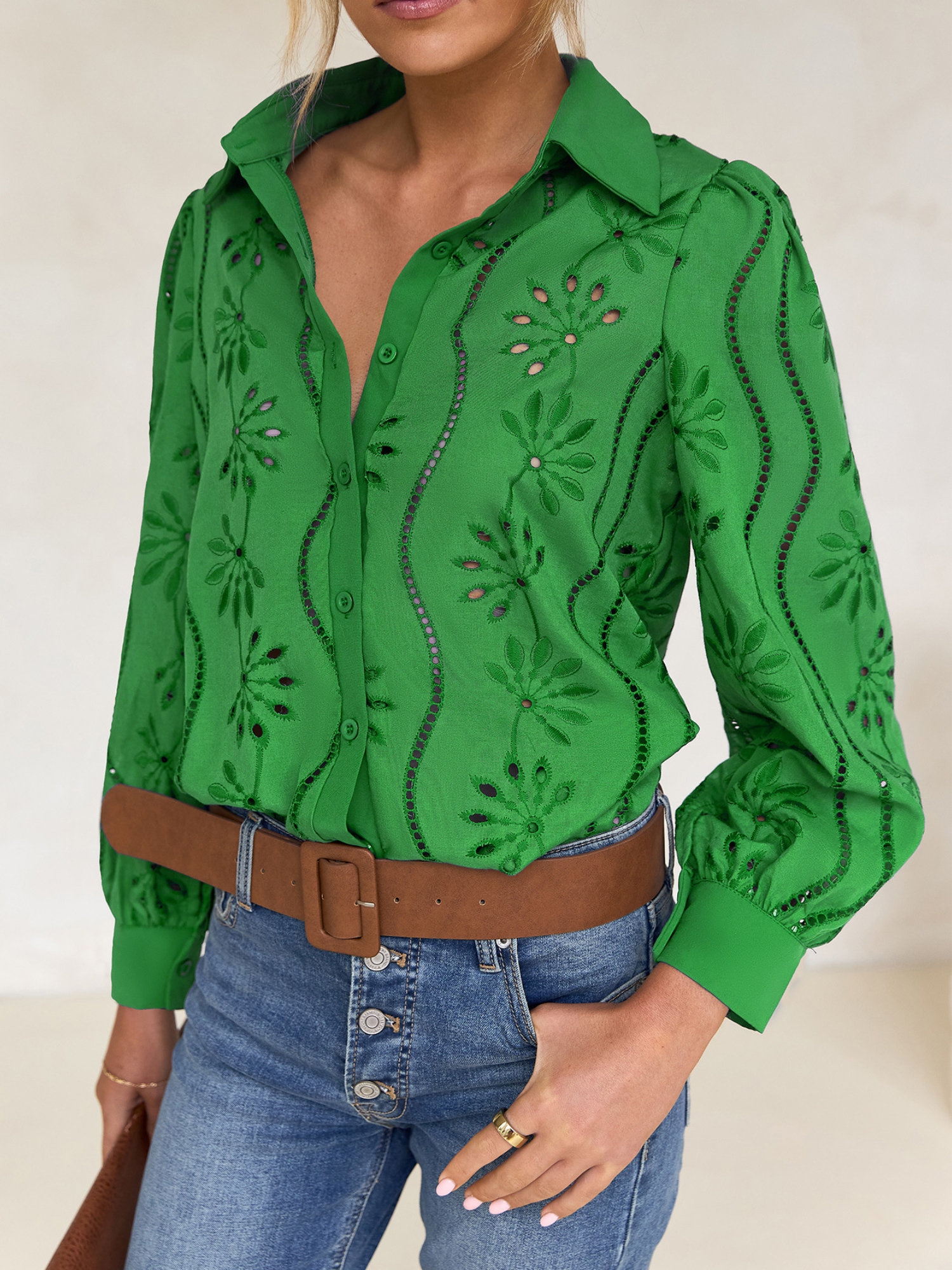 Green Embroidered Long Sleeve Shirt