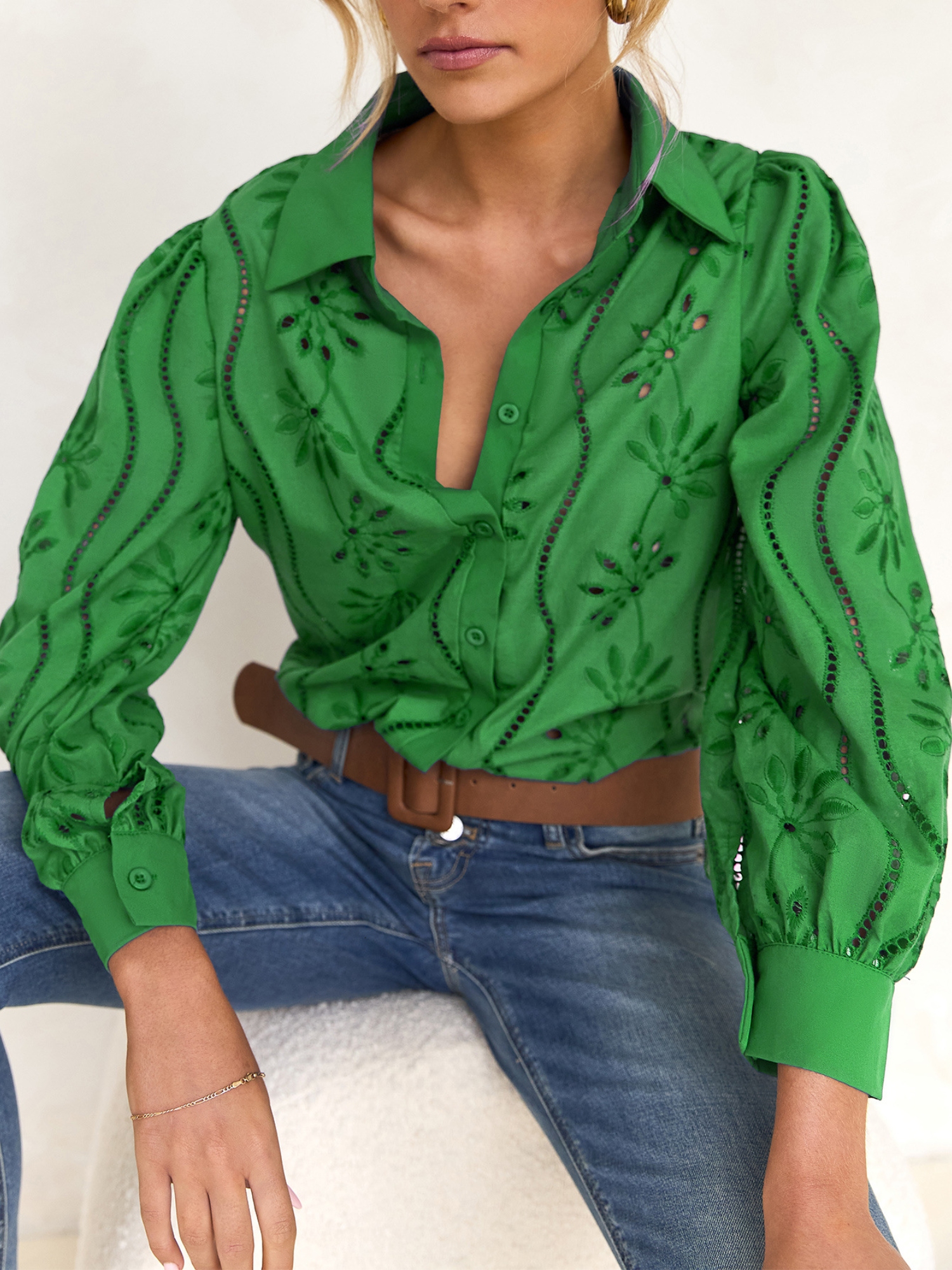 Green Embroidered Long Sleeve Shirt