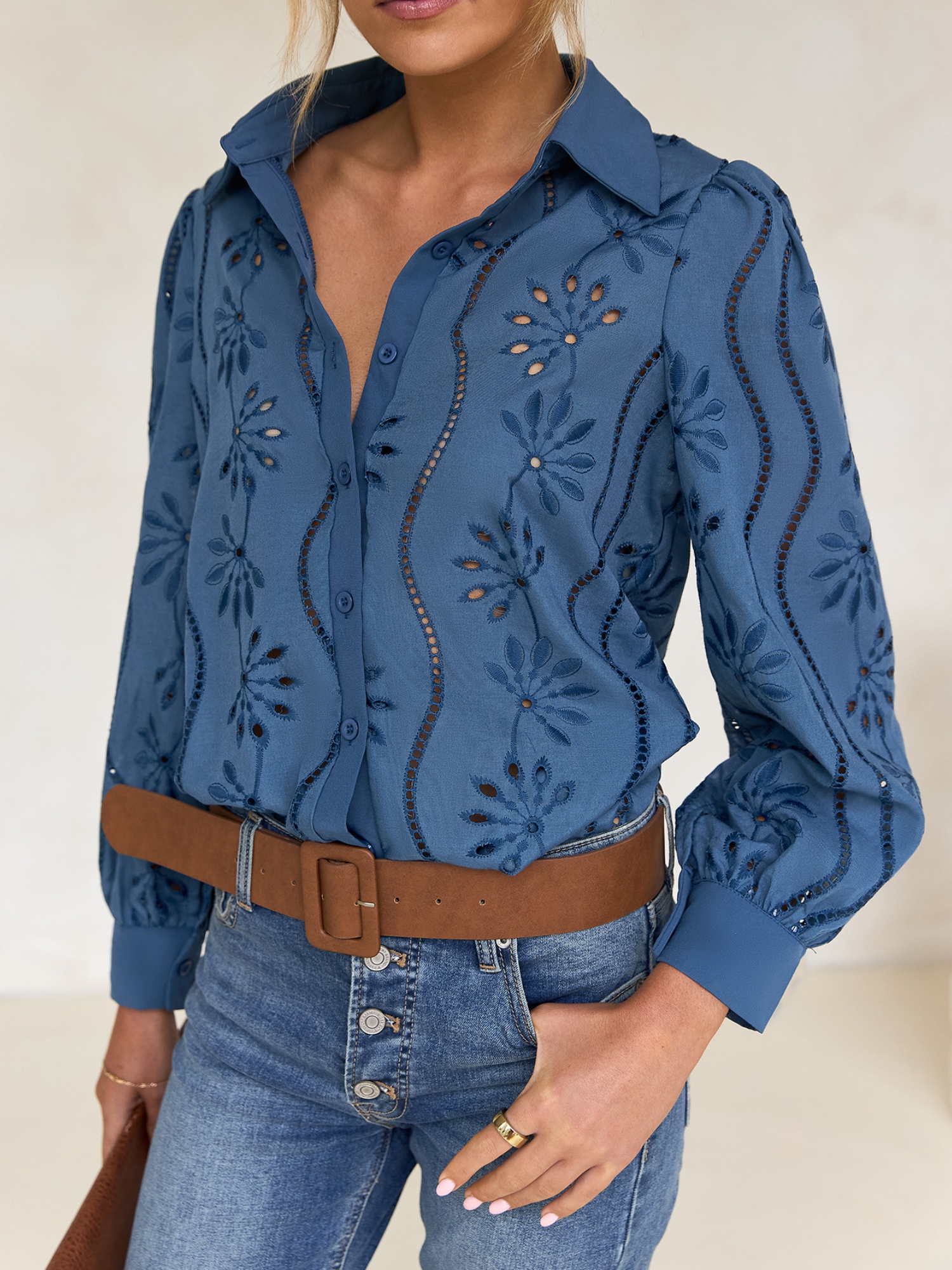 Blue Embroidered Long Sleeve Shirt