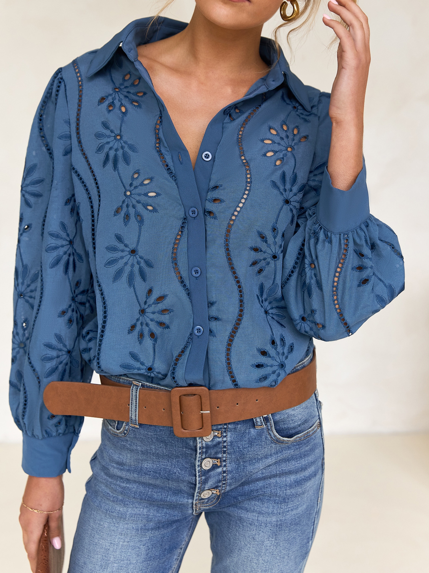 Blue Embroidered Long Sleeve Shirt
