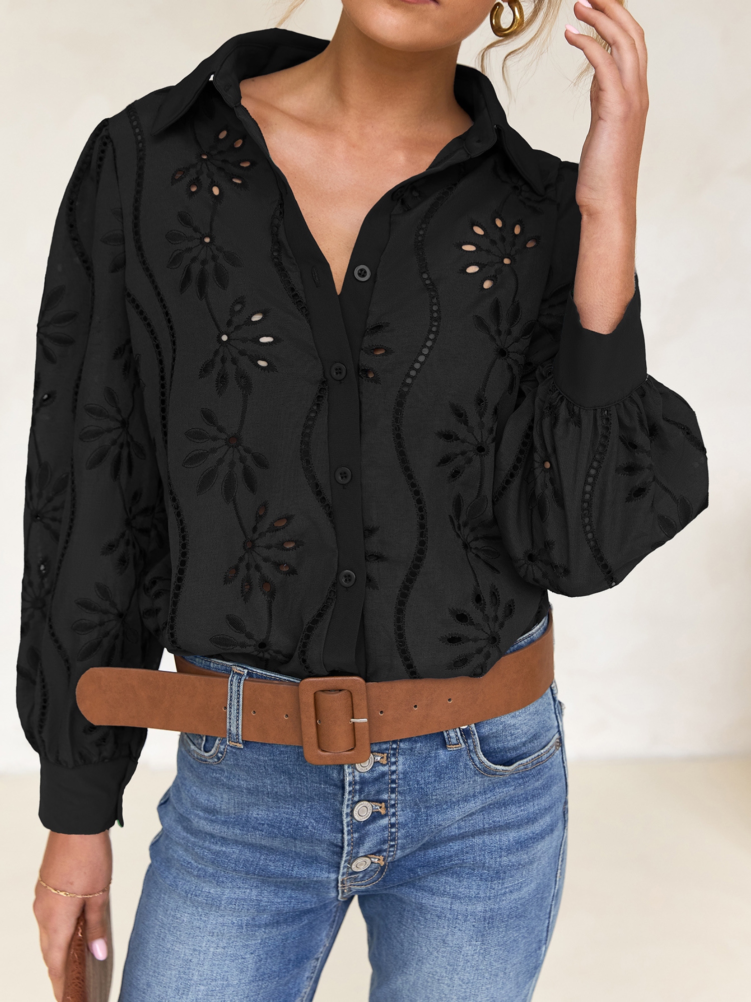 Black Embroidered Long Sleeve Shirt