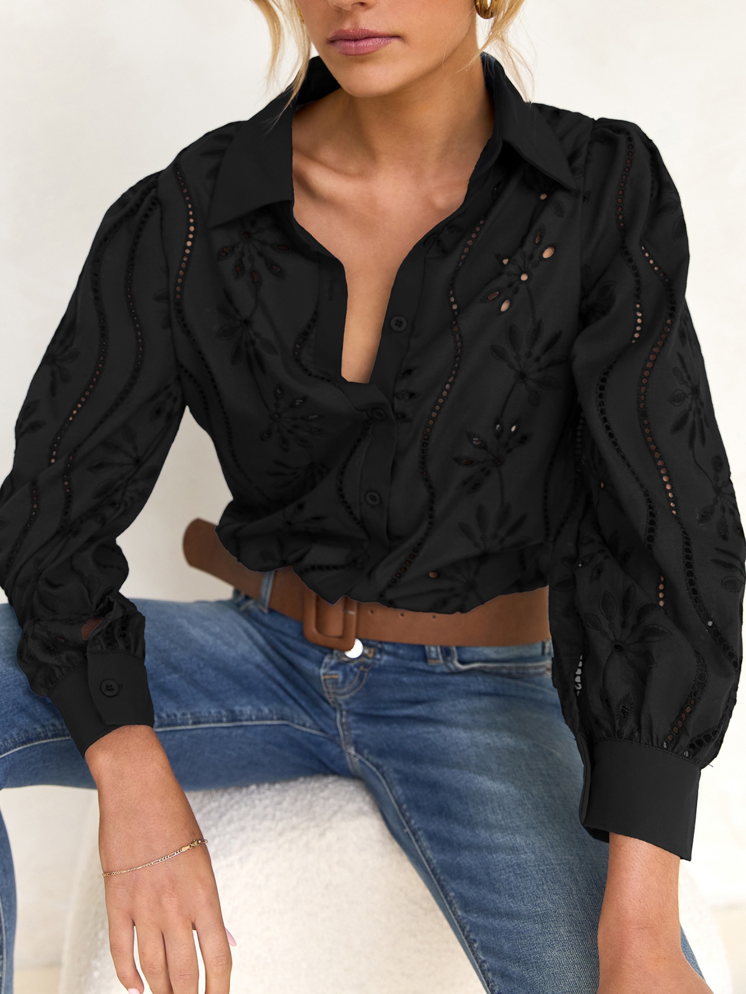 Black Embroidered Long Sleeve Shirt