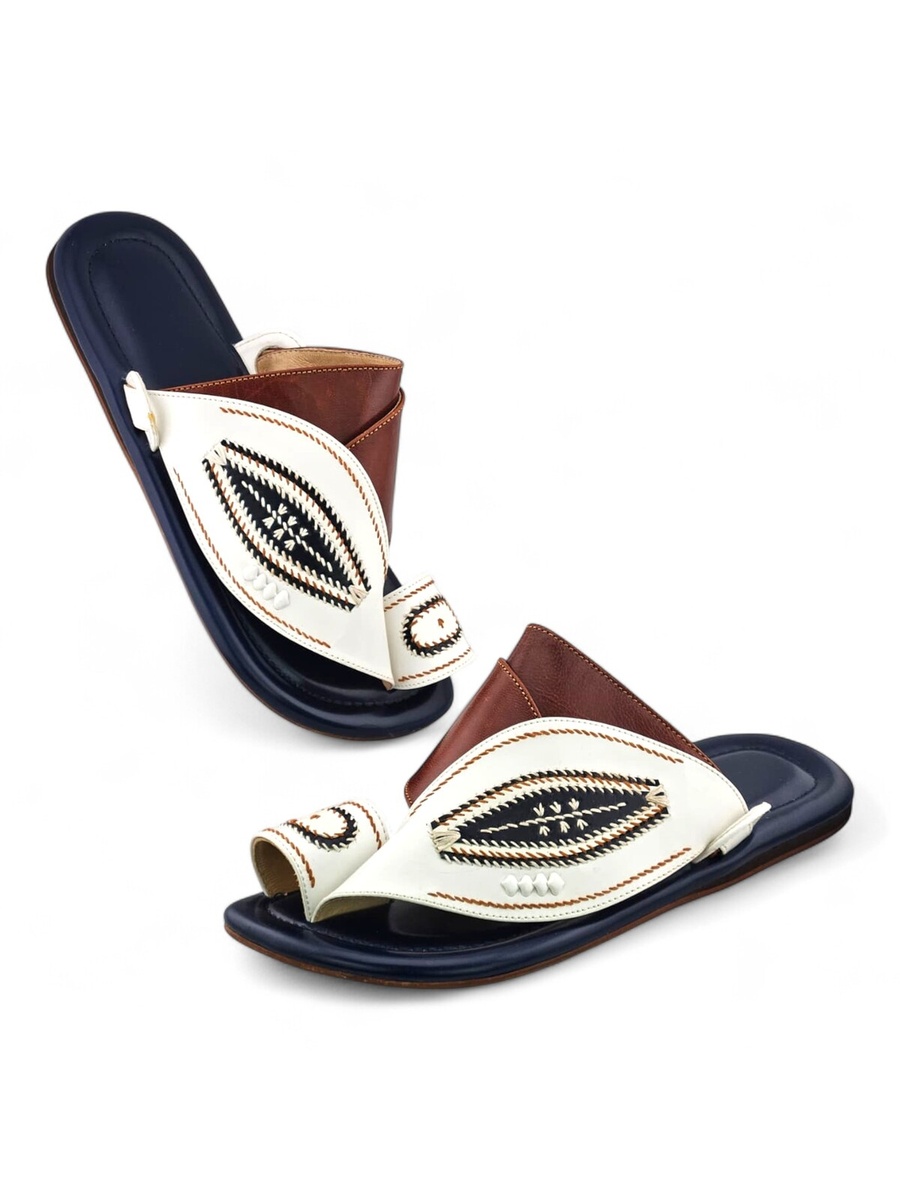 Men White Leather Arabic Sandals - Traditional Footwear
