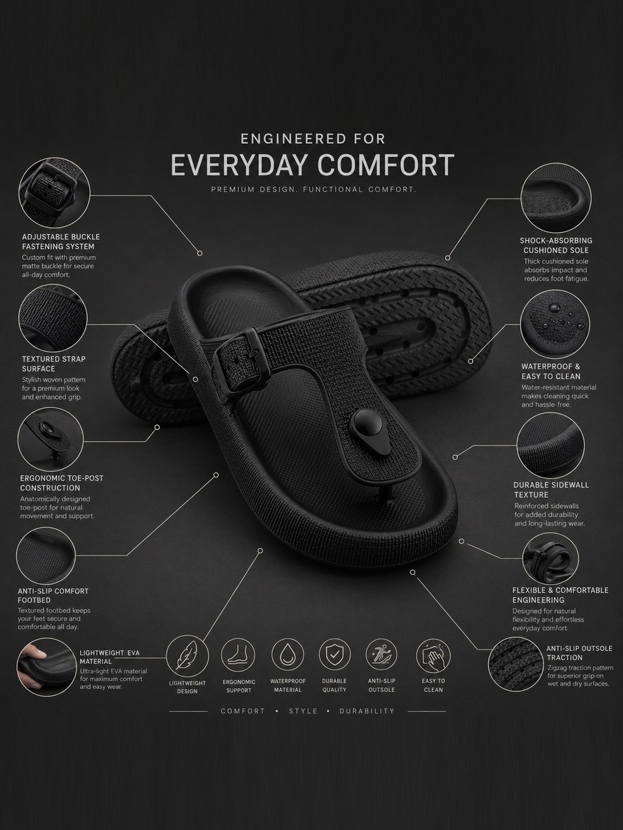 Men Black Comfort Thong Sandals
