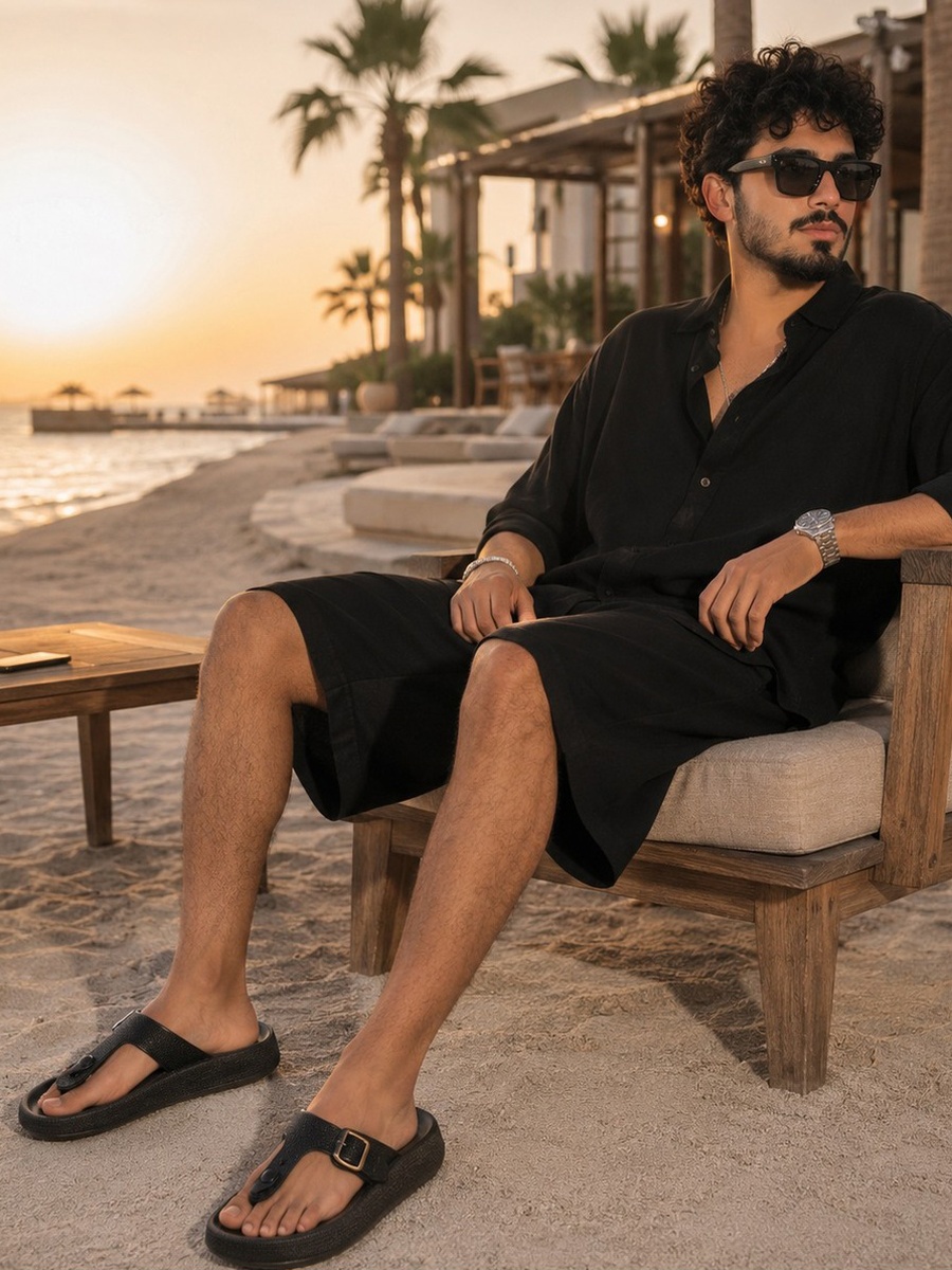 Men Black Comfort Thong Sandals