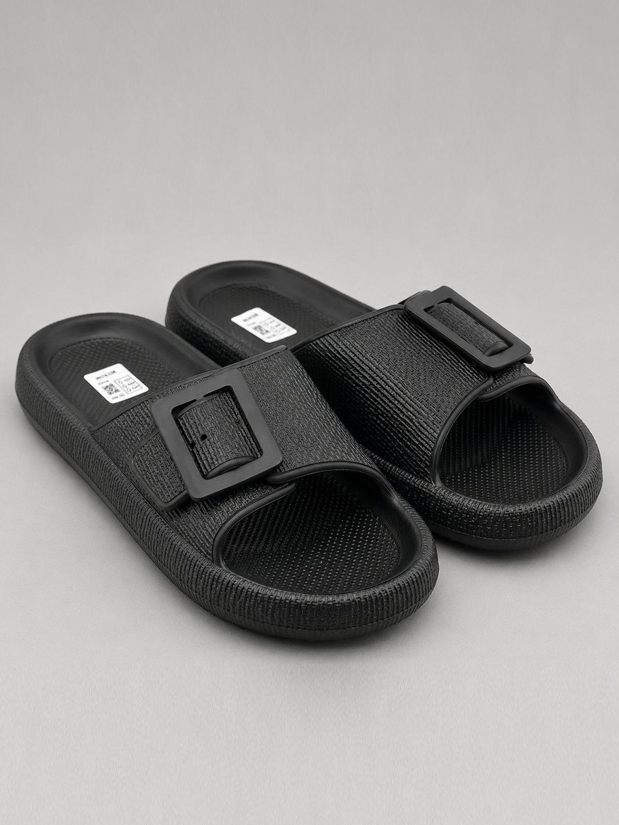 Men Black Adjustable Buckle Slide Sandals