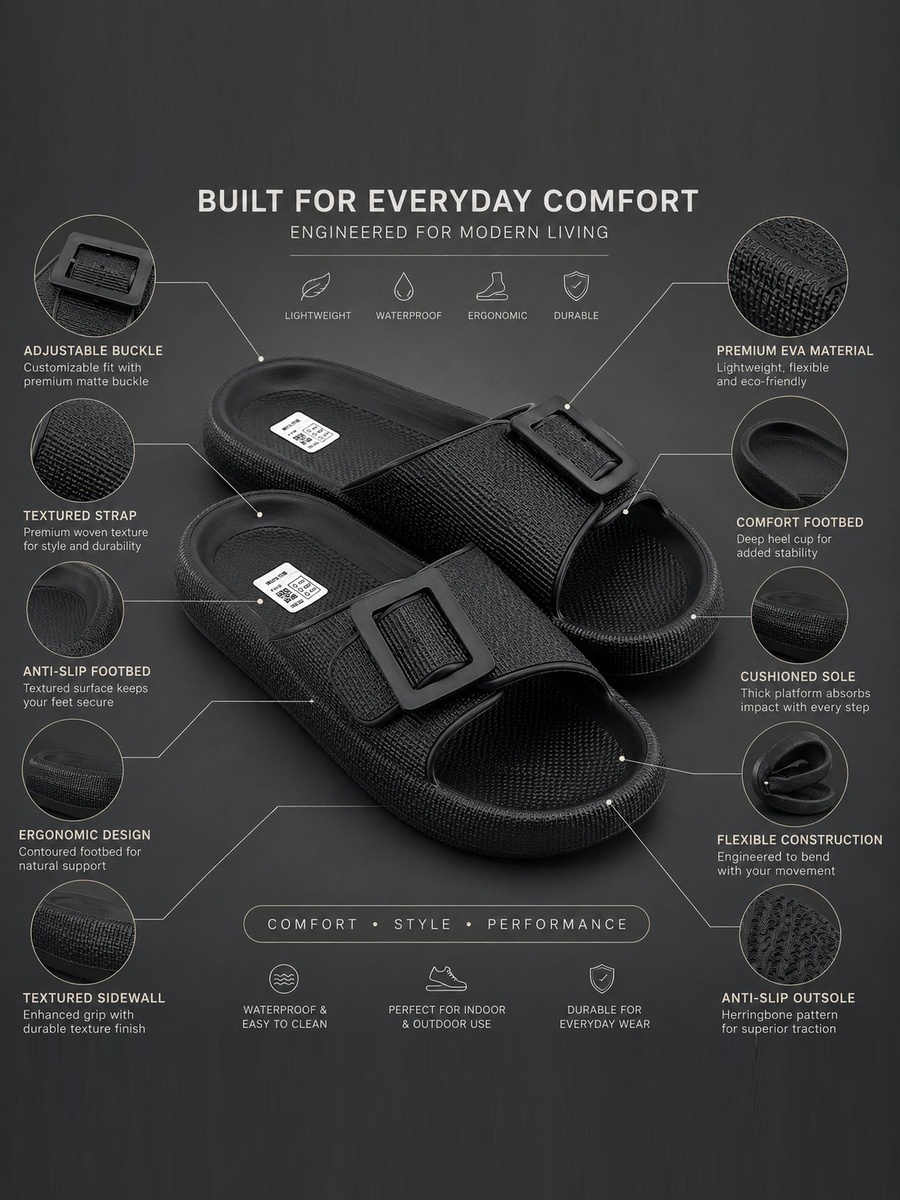 Men Black Adjustable Buckle Slide Sandals