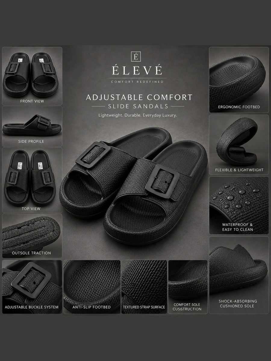 Men Black Adjustable Buckle Slide Sandals
