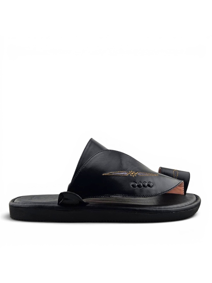 Men Black Leather Arabic Sandals with Gold Embroidery