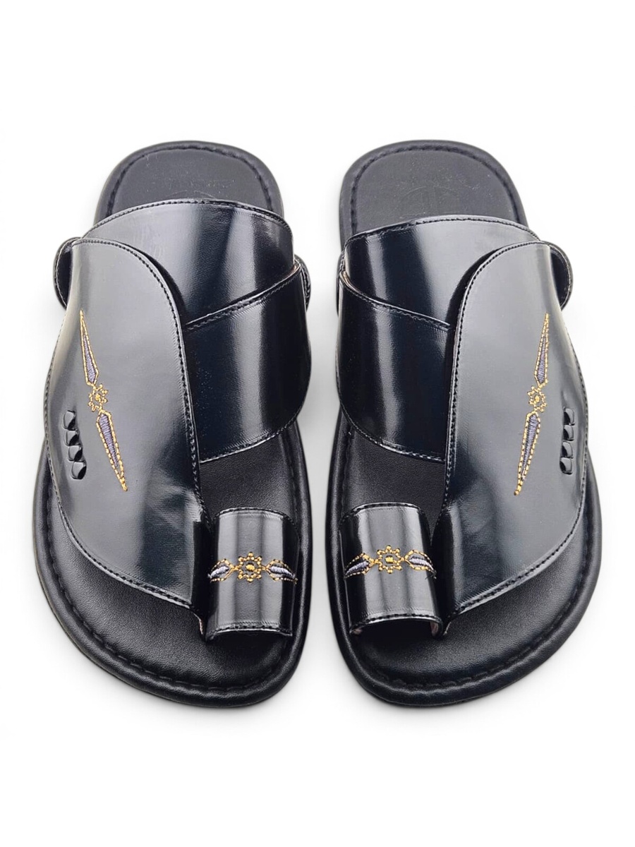 Men Black Leather Arabic Sandals with Gold Embroidery