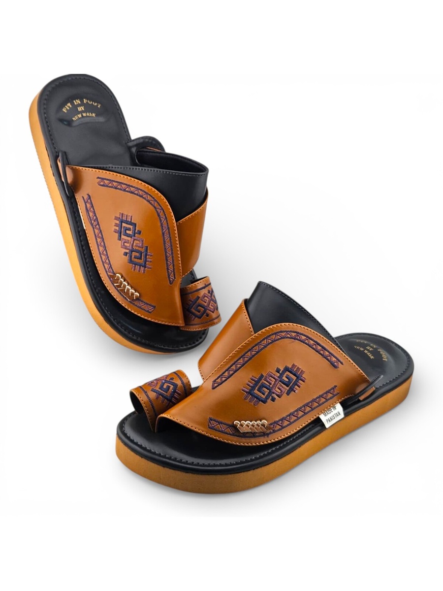 Men Tan Embroidered Arabic Sandals