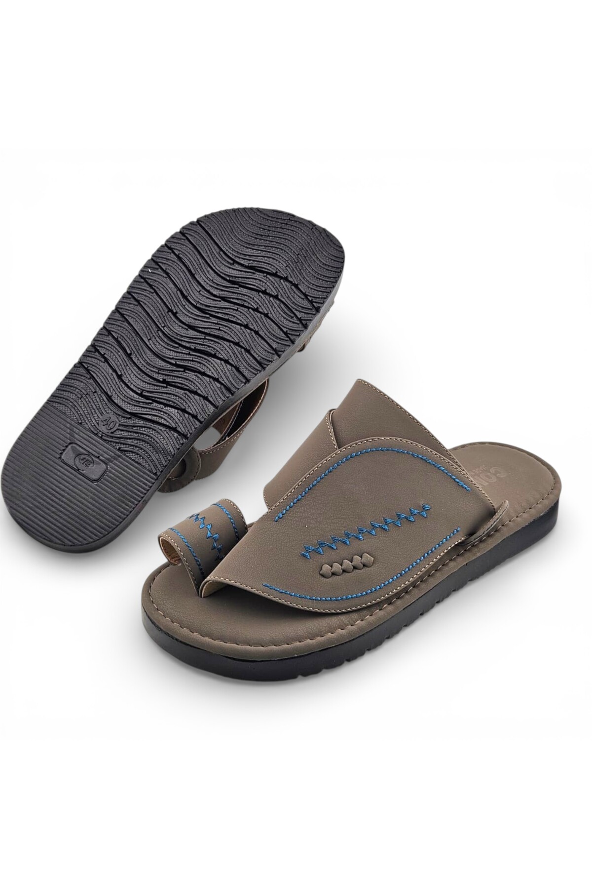 Men Khaki Arabic Sandals with Blue Stitching