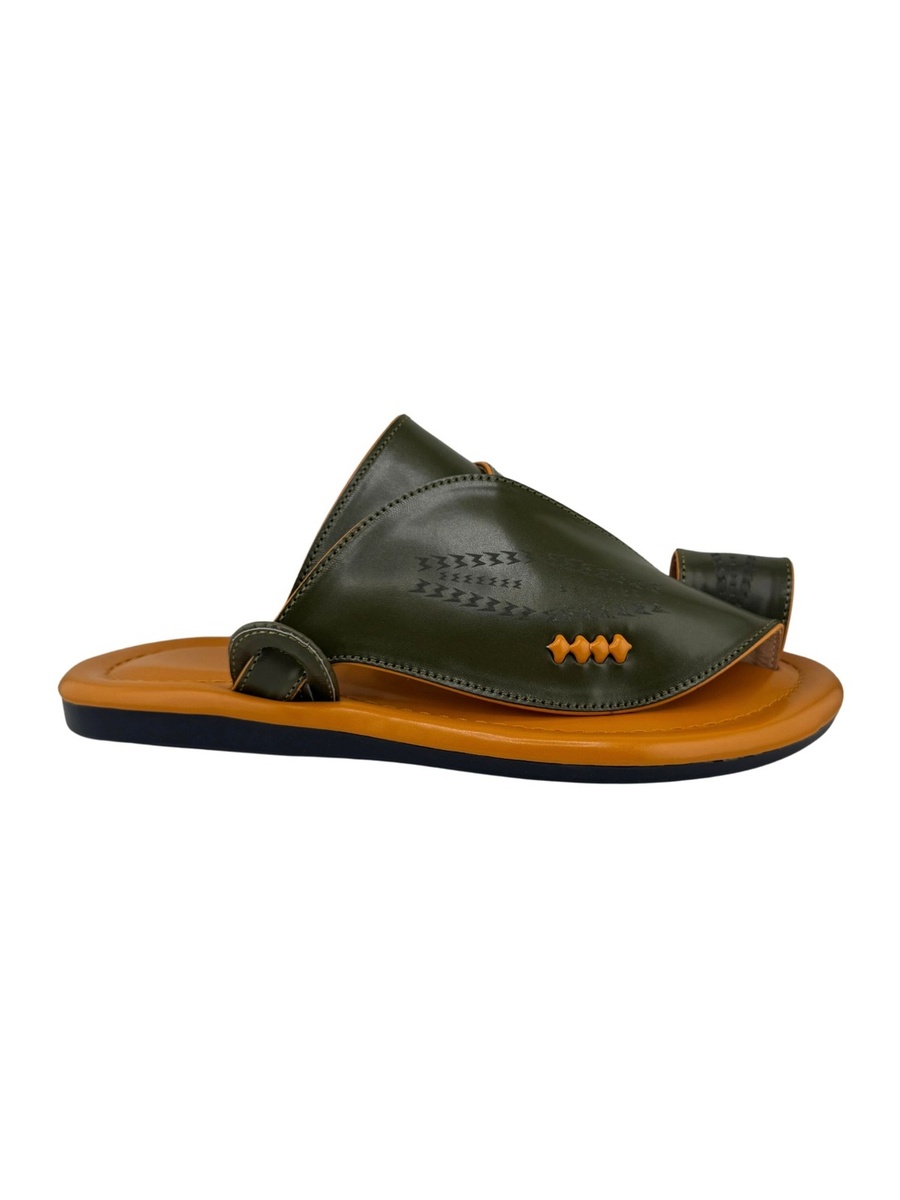 Men Olive Green and Tan Leather Arabic Sandals