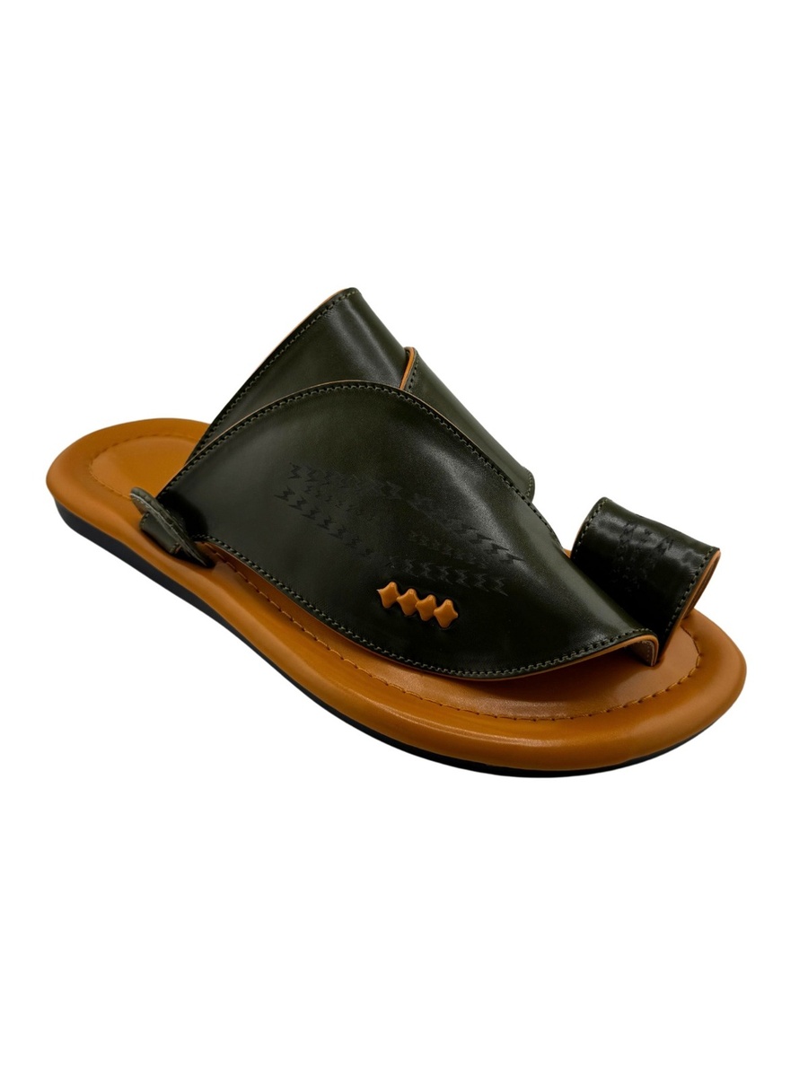 Men Olive Green and Tan Leather Arabic Sandals