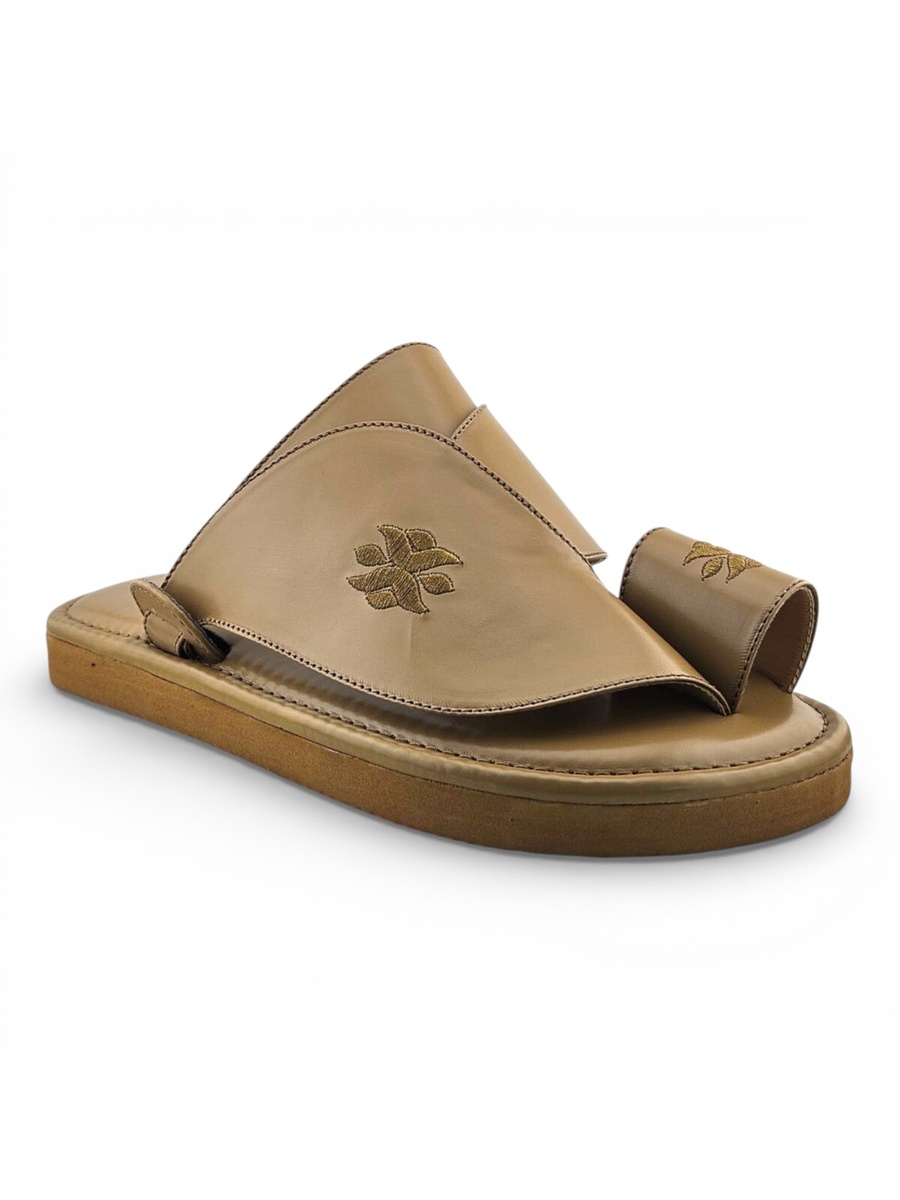 Men Beige Leather Arabic Sandals with Embroidered Detail