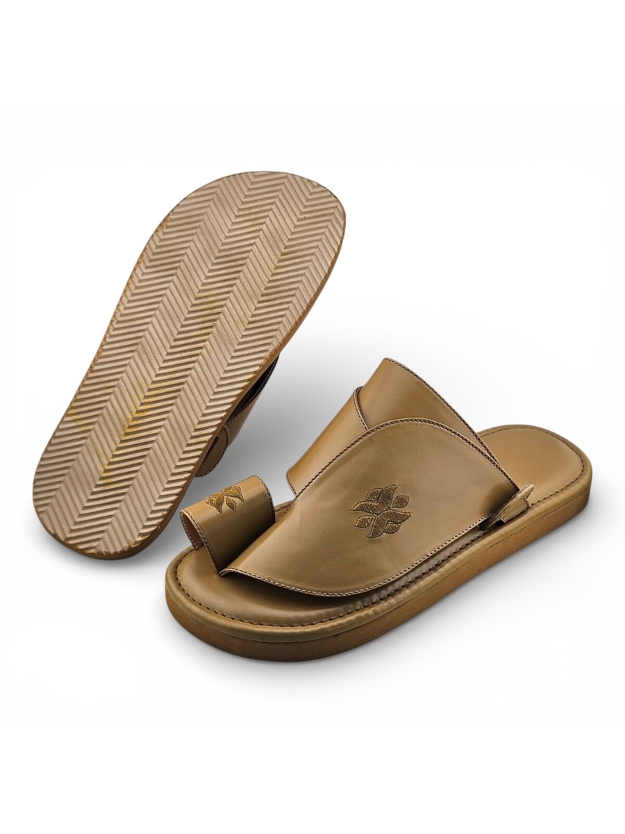 Men Beige Leather Arabic Sandals with Embroidered Detail