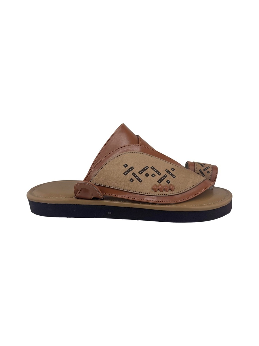 Men Tan Leather Arabic Sandals with Geometric Stitching