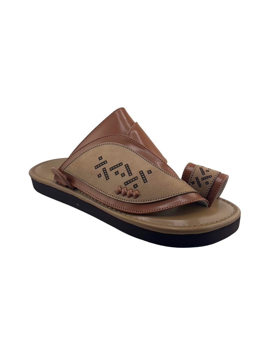 Men Tan Leather Arabic Sandals with Geometric Stitching