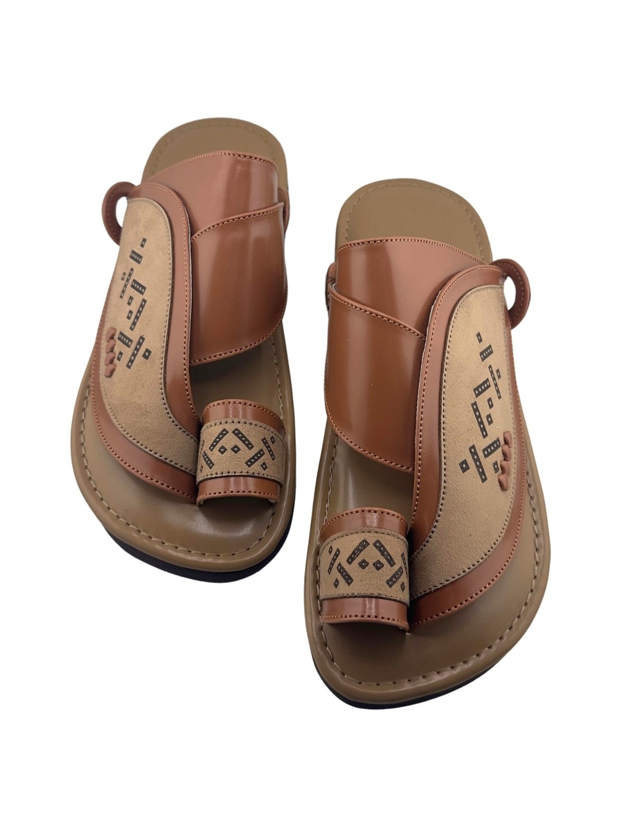 Men Tan Leather Arabic Sandals with Geometric Stitching
