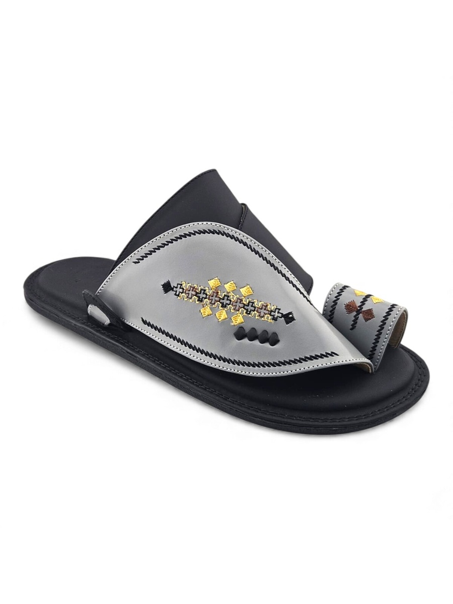 Men Grey Arabic Sandals with Traditional Embroidery