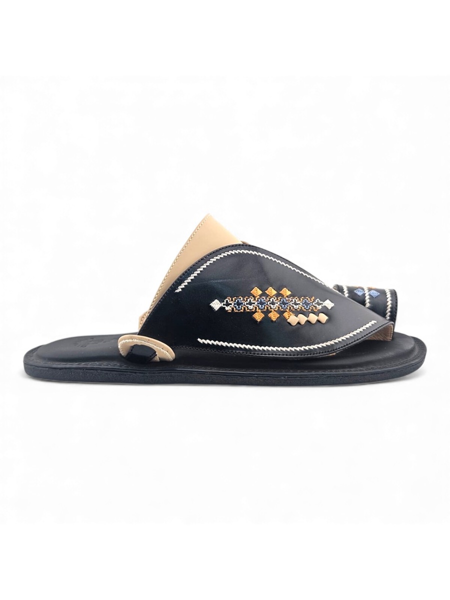 Men Black Leather Arabic Sandals With Embroidery