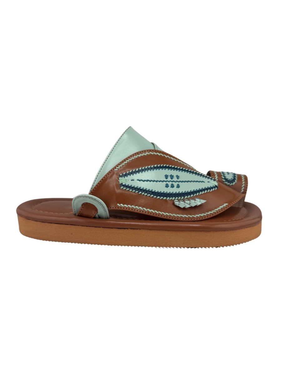 Men Luxury Arabic Sandals - Yellow and Brown Leather with Blue Stitching