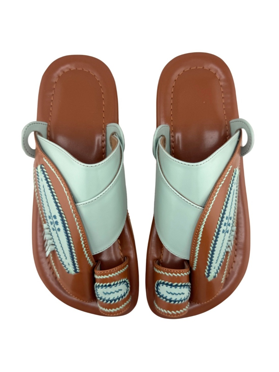 Men Luxury Arabic Sandals - Yellow and Brown Leather with Blue Stitching