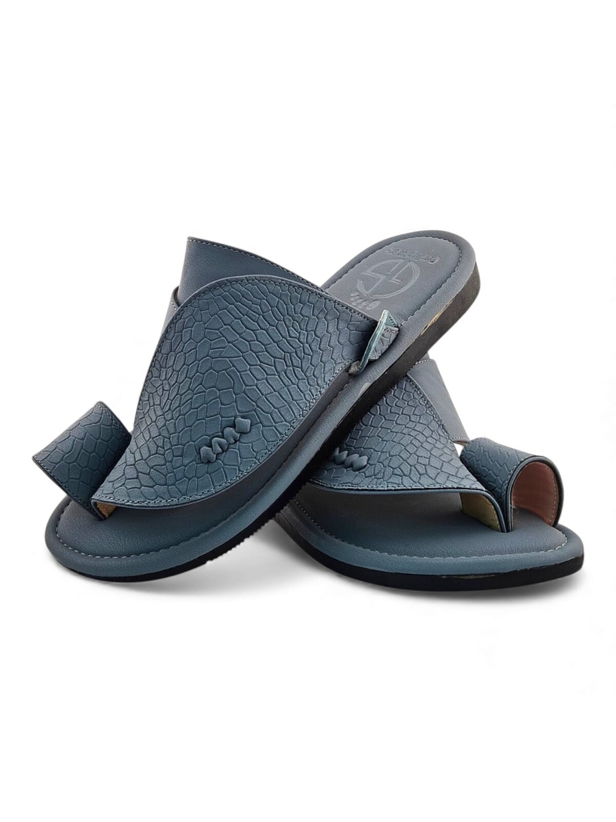 Men Dark Blue Embossed Leather Arabic Sandals