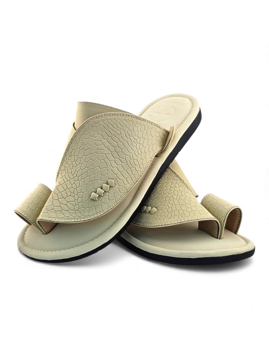 Men Beige Embossed Leather Arabic Sandals