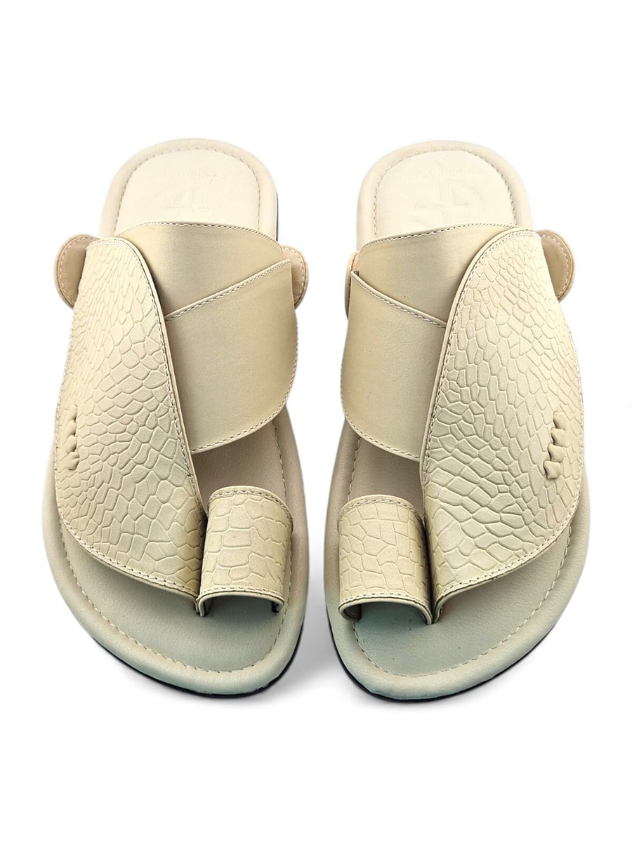 Men Beige Embossed Leather Arabic Sandals