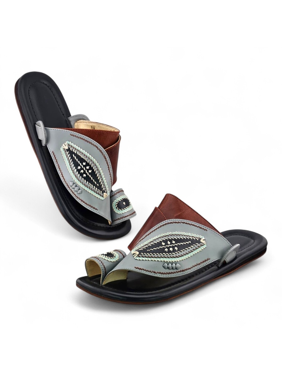 Men Silver Arabic Sandals - Premium Leather Thongs