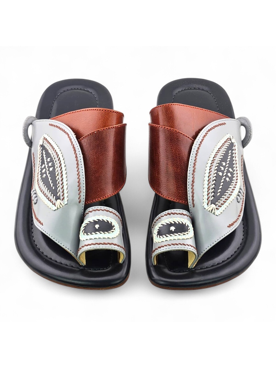 Men Silver Arabic Sandals - Premium Leather Thongs